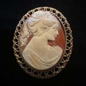 Vintage Cameo Lady Profile Brooch Pin Gold Tone Oval Reversible